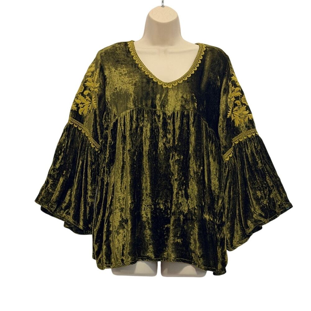 Ivy Jane Embroidered Crushed Velvet Peasant Top Bell Sleeve Green Womens Small